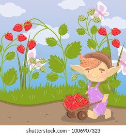 Cute cartoon troll with farmer wooden cart full of strawberries, green summer landscape vector illustration