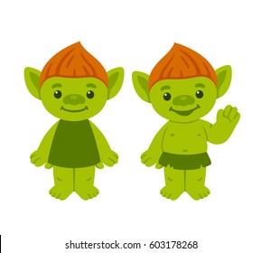 Cartoon terrible menacing goblin shows a hand Vector Image