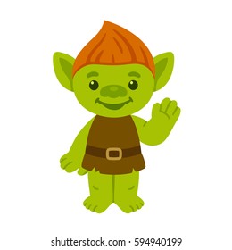 Cute Cartoon Troll Or Goblin Smiling And Waving. Childrens Fairy Tale Character Vector Illustration.