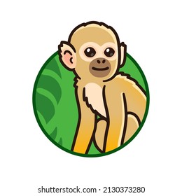 Cute cartoon tropical rainforest squirrel monkey in circle logo. Vector clip art illustration.