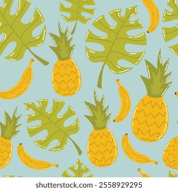 Cute cartoon tropical seamless pattern with pineapple, banana and Monstera leaves. Summer vacation background.