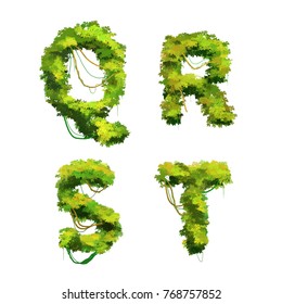 Cute cartoon tropical vines and bushes font isolated on white, Q R S T glyphs