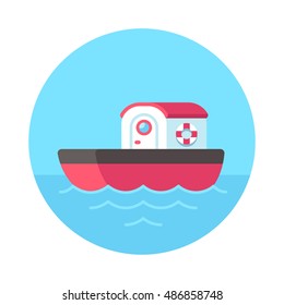 Cute cartoon tugboat at sea, flat vector design. Isolated boat illustration.
