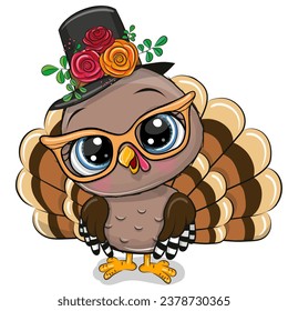 Cute Cartoon turkey bird with glasses and flowers isolated on a white background