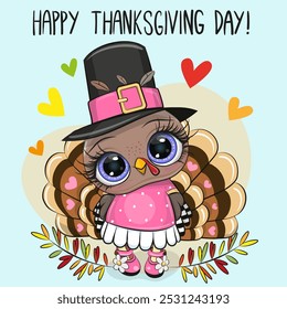 Cute Cartoon turkey bird with hat on blue background