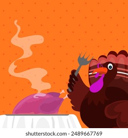 Netter Cartoon Türkei Vogel Holding Gabel Löffel für Fertiggericht an Thanksgiving Feier.