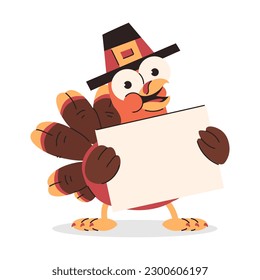 Cute cartoon turkey with blank sign vector Thanksgiving character isolated on a white background.