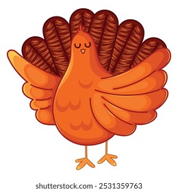 Cute cartoon turkey with brown feathers, Thanksgiving icon, Vector