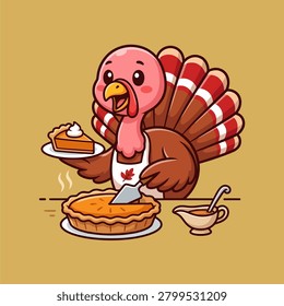 Cute cartoon turkey character in an apron serving pumpkin pie for Thanksgiving dinner, flat vector illustration.