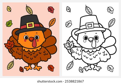 Cute cartoon turkey coloring page for kids, autumn, fall coloring pages for kids