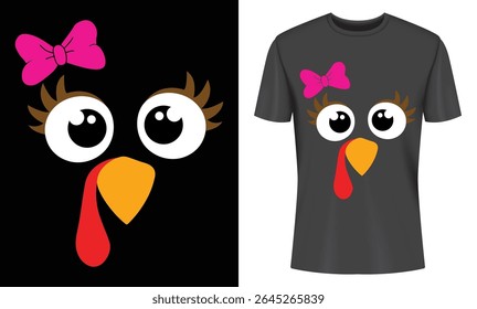 Cute Cartoon Turkey Face with Pink Bow for Thanksgiving T Shirt Design