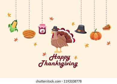 cute cartoon turkey with happy thanksgiving text