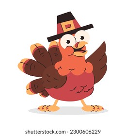 Cute cartoon turkey in pilgrim hat vector Thanksgiving character isolated on a white background.
