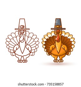 Cute Cartoon Turkey in pilgrim hat. Thanksgiving vector illustration.  