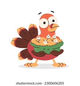 Cute cartoon turkey with pumpkin pie vector Thanksgiving character isolated on a white background.