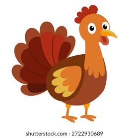 Süße Cartoon Truthahn stehend, Seitenansicht.Türkei Vogel für Thanksgiving Tag. Lustiger Bauernvogelcharakter mit bunten Federn. Vektorgrafik einzeln auf weißem Hintergrund.