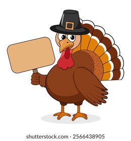 A cute cartoon turkey with stroke wearing a pilgrim hat and holding a blank sign, perfect for Thanksgiving-themed designs and promotions