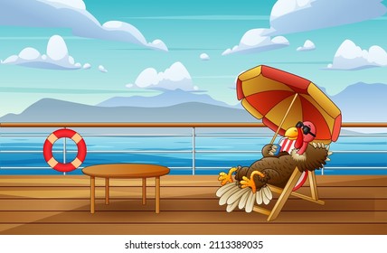 Cute cartoon a turkey is sunbathing on chaise lounge under colorful parasol