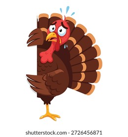 Cute cartoon turkey with surprised expression and colorful feathers standing alone