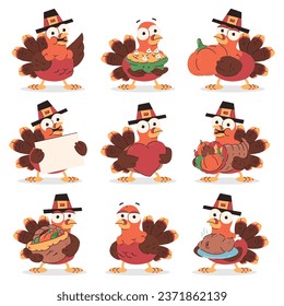 Cute cartoon turkey vector Thanksgiving characters set isolated on a white background.