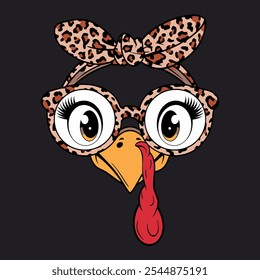 Cute cartoon turkey wearing leopard print glasses and headband. Perfect for Thanksgiving crafts, apparel designs, and more.