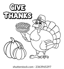 Cute cartoon turkey wearing a pilgrim hat wishes happy thanksgiving day outlined for coloring page on white background.