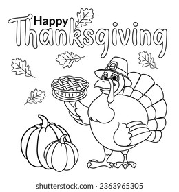 Cute cartoon turkey wearing a pilgrim hat wishes happy thanksgiving day outlined for coloring page on white background.