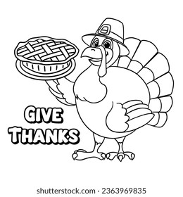 Cute cartoon turkey wearing a pilgrim hat wishes happy thanksgiving day outlined for coloring page on white background