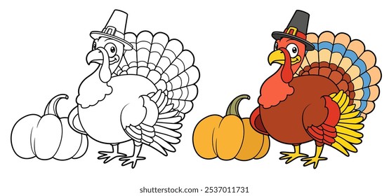 Cute cartoon turkey wearing a pilgrim hat w outlined and color variation for coloring page. Image produced without the use of any form of AI software at any stage.