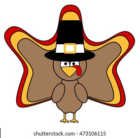 cute cartoon turkey wearing a pilgrim hat vector illustration isolated on white background