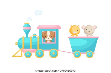 Cute cartoon turquoise train with dog driver and hamster, mouse on waggon on white background. Design for childrens book, greeting card, baby shower, party invitation, wall decor. Vector illustration.