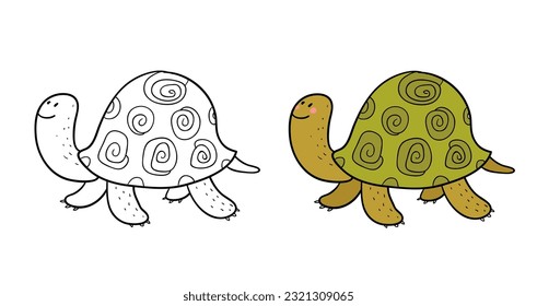 Tortuga de dibujos animados. А animal africano. Ilustración para colorear libro.Vector.