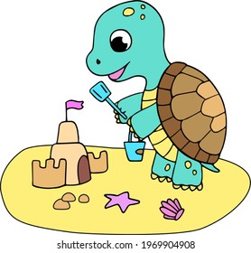 A cute cartoon turtle baby plays on the beach, builds a sand castle. Marine animal. Sandbox, children's games. Vector isolated flat illustration.