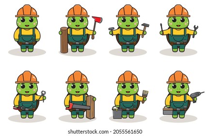 Cute cartoon of Turtle being a handyman. Character animal. Cartoon style Handyman with the tools. Children's illustration.