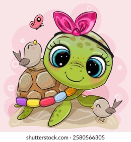 Cute Cartoon Turtle with birds on the meadow