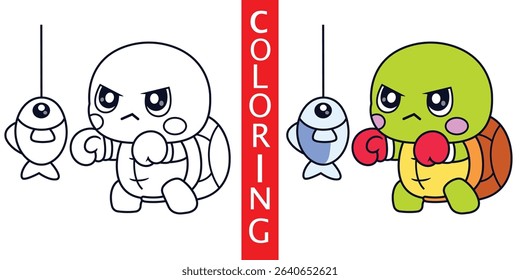 Cute Cartoon Turtle Boxing Fish Coloring Sheet, Illustration Icon Cartoon Vector, Animals Sport, Cartoon Style Flat.