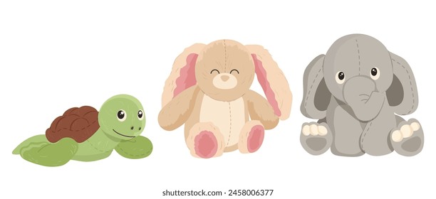 Cute tortuga de dibujos animados, conejito, elefante peluche animal peluche juguetes de bebé conjunto aislado sobre fondo blanco