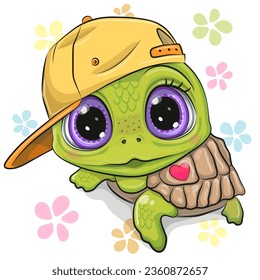 Cute Cartoon turtle in a cap on the flowers background