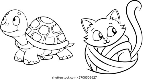 Desenho animado bonito tartaruga e gato animais ilustração em linhas pretas simples