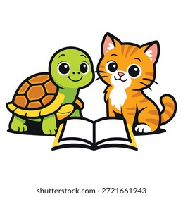 Una linda tortuga de dibujos animados y un gato sentados juntos y leyendo un libro, simbolizando la amistad, la educación, el aprendizaje y la imaginación. Esta colorida Ilustración vectorial plana es perfecta para libros infantiles, materiales educativos, contenido escolar, Bibliotecas, proyectos de narración de historias, App y diseños adaptados a los niños.