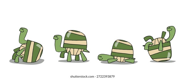 Nette Cartoon Schildkröte Charakter-Set in verschiedenen Posen, handgezeichnete flache Vektorgrafik für Kinder, Aufkleber, Animation und Druck.	