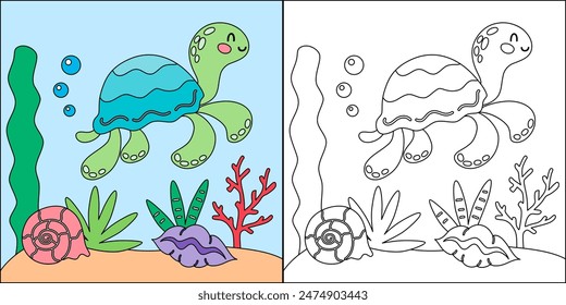 Lindo personaje de tortuga de dibujos animados. Bajo el mar, ilustración de vida marina. Animales marinos para colorear páginas aisladas sobre fondo blanco.