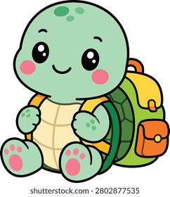 A cute cartoon turtle character wearing a colorful backpack, sitting and smiling, designed in a simple and adorable style for children's illustrations.