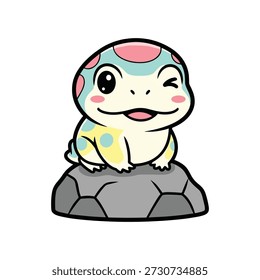 Cute cartoon turtle with colorful shell sitting on a rock and winking