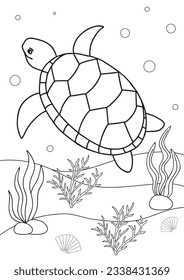 Cute cartoon turtle. Coloring book or page for kids. Marine life
