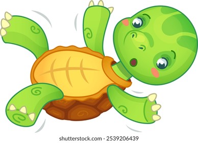 Cute cartoon turtle falls on its back, looking surprised and waving its legs in the air, expressing shock and panic in a colorful, playful design perfect for kids