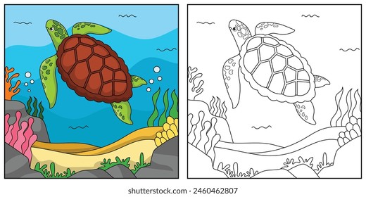 cute cartoon turtle, funny illustration, coloring book for kids and children.