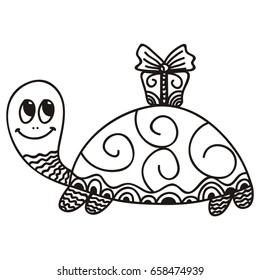 Cute cartoon turtle with gift. Vector illustration.