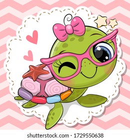 Cute cartoon Turtle girl in pink eyeglasses with a bow