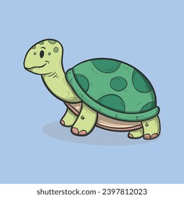 Cute cartoon turtle with a green shell and smiling face, standing against a light blue background.